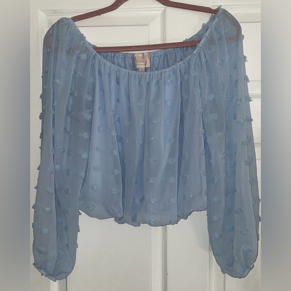 Audrey Parks + Francesca’s Blue Off-Shoulder Blouse - Picture 2 of 8
